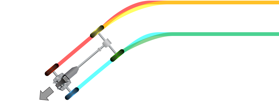 illustration of a vehicle driving and leaving behind 4 different color trails from its wheels to highlight how vehicle wheels rotate at different speeds when a vehicle corners