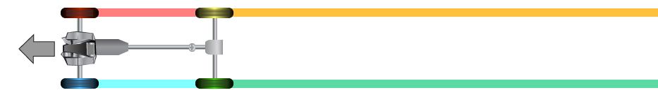 illustration of a vehicle driving and leaving behind 4 different color trails from its wheels to highlight how vehicle wheels rotate at the same speed when a vehicle drives in a straight line