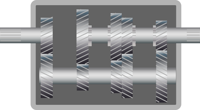 a hand drawn illustration of a typical vehicle gearbox with the side casing removed showing all the gears and shafts